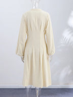 O-Neck Lace-Up Lantern Sleeve A-Line Midi Dress | Wovetsa