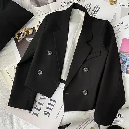 2023 Autumn Fashion Blazers Women Temperament Solid Double Breasted Cropped Jacket Woman Basic All Match Suit Outwear Female