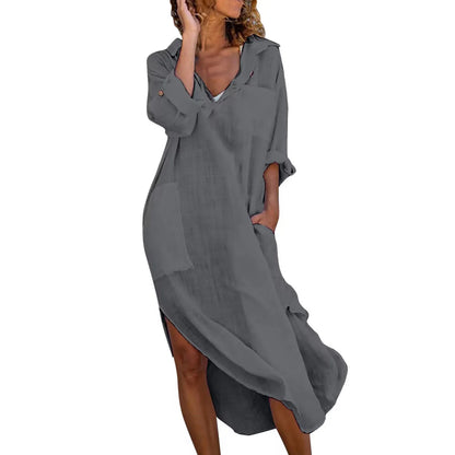 Women's Cotton Linen Shirt Dress – Oversized Casual Midi Dress with V-Neck