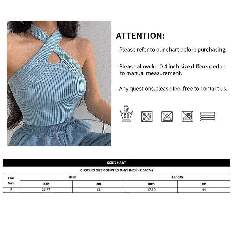 Women's Sexy Halter Crop Top Cross Strap Knitted Tank Top Summer Casual Fashion Top