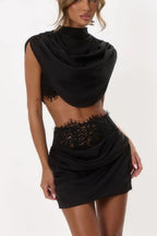 Satin Lace Cowl Neck Crop Top & Bodycon Mini Skirt Set | Wovetsa