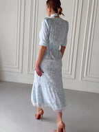 Elegant Lace Trimmed Printed Dress Women Chic Deep V-neck Waist Cinching Split Short Sleeve Maxi Dress Lady Party Vestidos 2026
