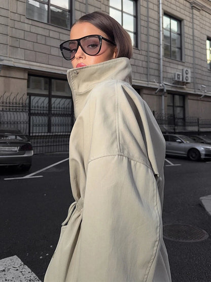 Suninheart Stand Collar Drawstring Waist Trench Jacket Female Commute Long Sleeves Casual Women's Mid-Length Trench Coat