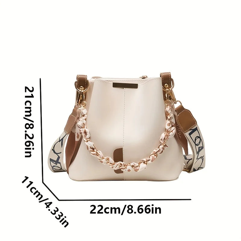 PU Leather Bucket Bag with Chain & Scarf Strap | Wovetsa