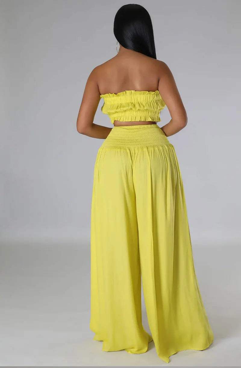 Women's Two Piece Pants Set Summer Casual Matching Outfit Sleeveless Top High Waist Wide Leg Pants