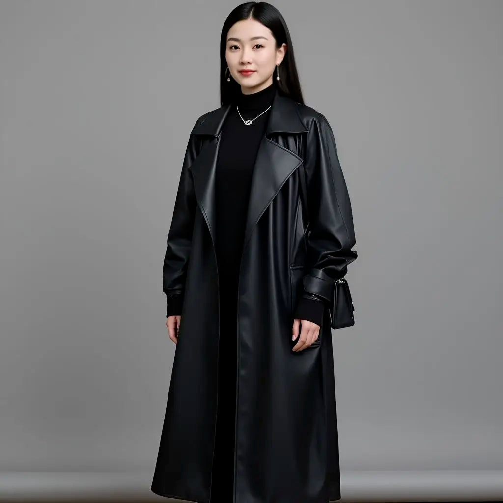 Design Blazers Leather Trench Coat For Women Spring Autumn Over The Knee Long PU Leather Jacket Female Black Leather Windbreaker