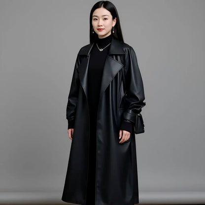 Design Blazers Leather Trench Coat For Women Spring Autumn Over The Knee Long PU Leather Jacket Female Black Leather Windbreaker