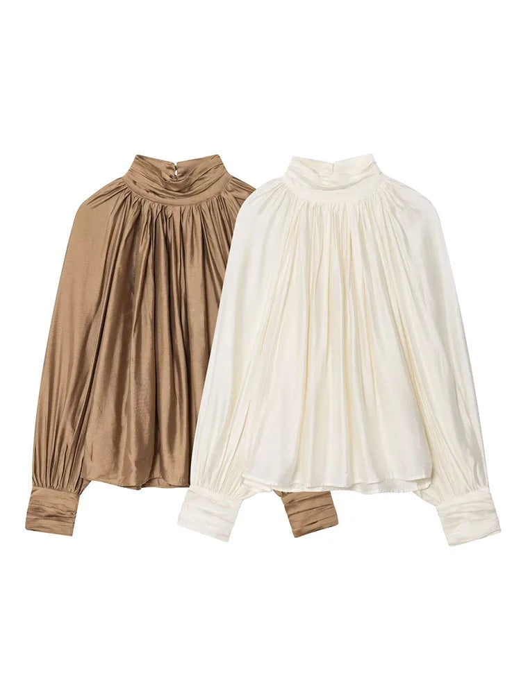HH Women Autumn Fashion Simple Versatile Standing Collar Draped Top Female High Street Temperament Lantern Long Sleeve Shirt