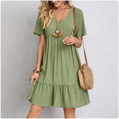 Women's V-Neck Short Sleeve Peplum Ruffle Dress | Wovetsa