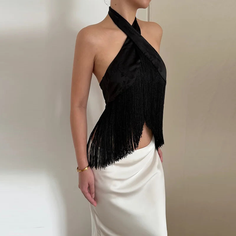 Satin Fringe Halter Crop Top | Wovetsa