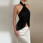 Satin Fringe Halter Crop Top | Wovetsa