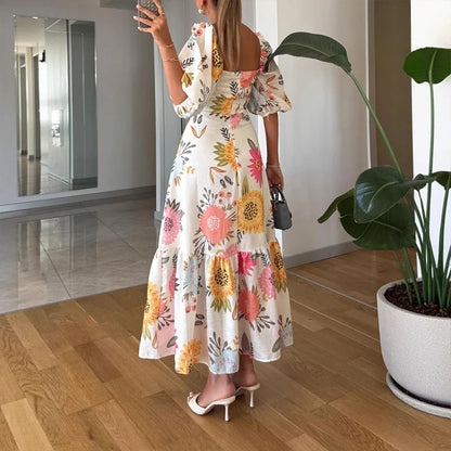 Square Neck Puff Sleeve A-Line Midi Dress | Wovetsa