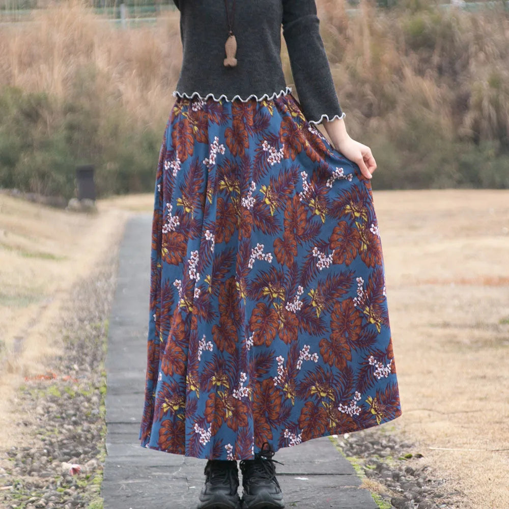 Bohemian Floral Print Cotton Linen Maxi Skirt | Wovetsa