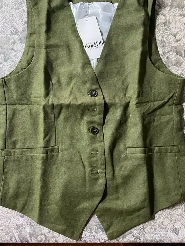 Women's Green Summer Two Piece Set | Relaxed Elegant Vest and Shorts Outfit