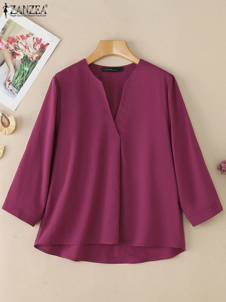V-Neck 3/4 Sleeve Cotton Blouse | Wovetsa