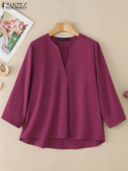 V-Neck 3/4 Sleeve Cotton Blouse | Wovetsa