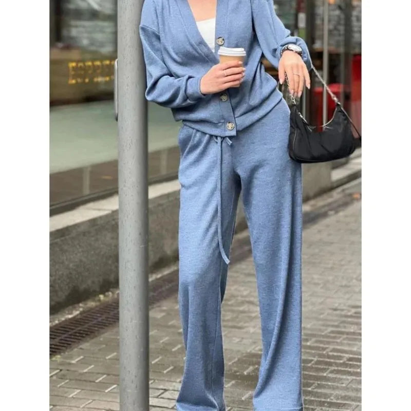 V-Neck Single-Breasted Cardigan & Pants Set | Wovetsa