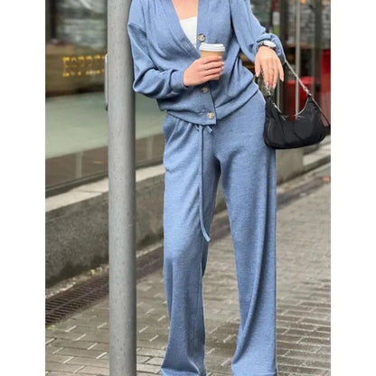 V-Neck Single-Breasted Cardigan & Pants Set | Wovetsa