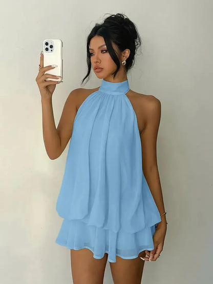 Halter Neck Backless Tie-Front Mini Dress | Wovetsa