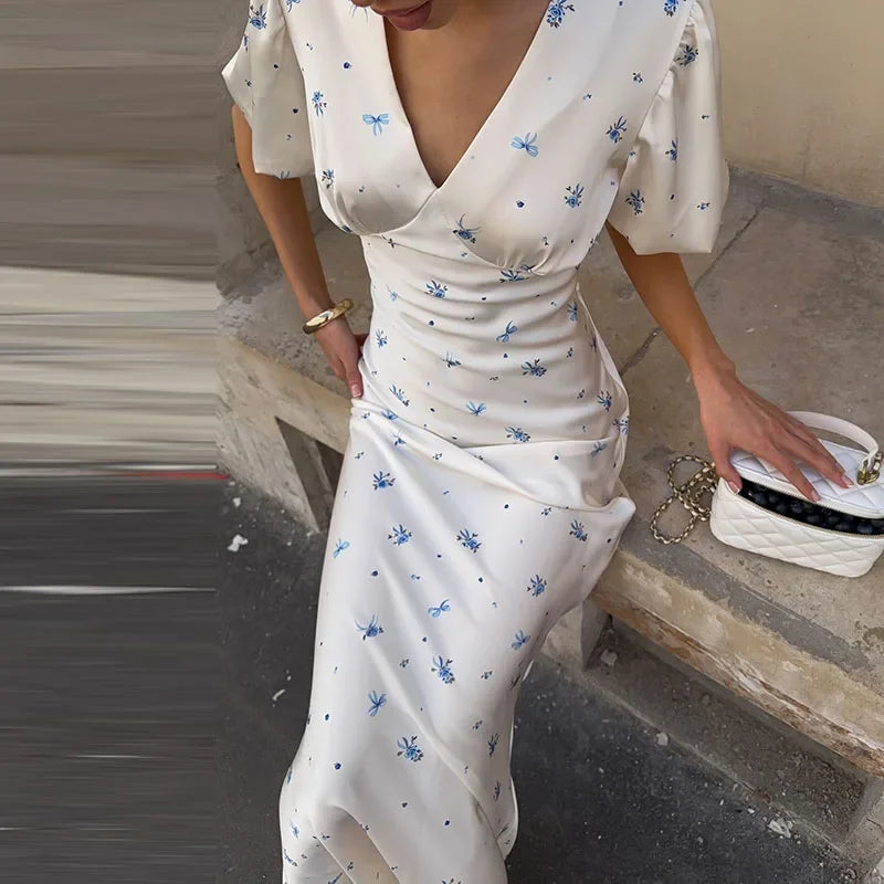 V-Neck Floral Print Flutter Sleeve Maxi Dress | Wovetsa