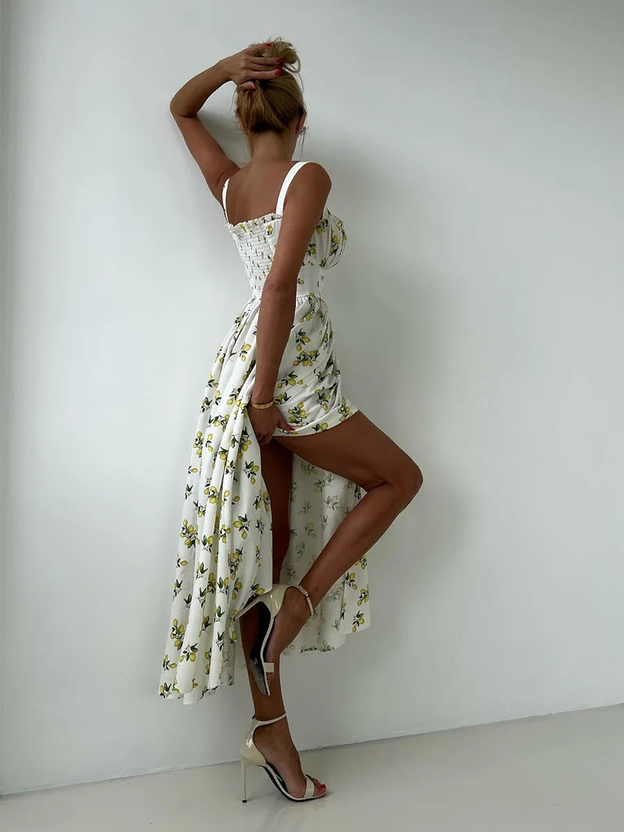 Lemon Print High Waist Slit Cami Maxi Dress | Wovetsa