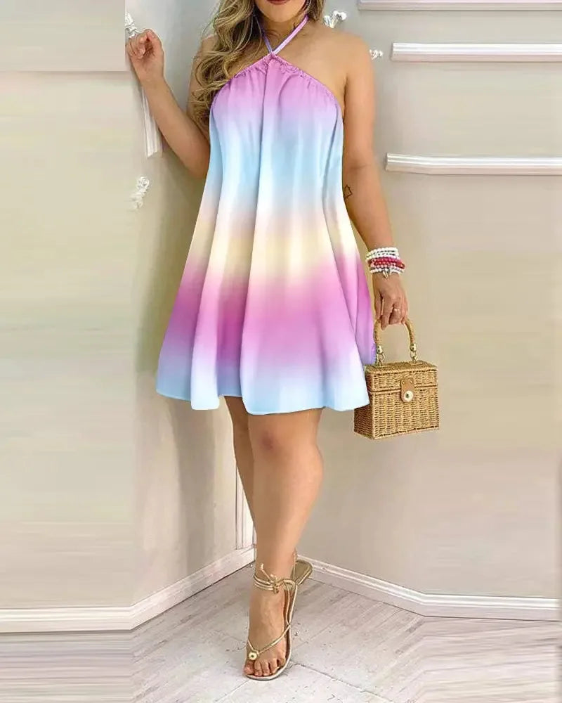 Women's Tropical Leaf Print Halter Neck Mini Dress | Wovetsa