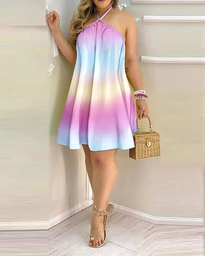 Women's Tropical Leaf Print Halter Neck Mini Dress | Wovetsa