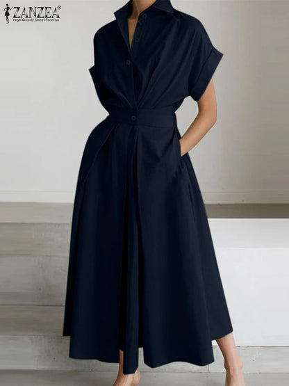 Short Sleeve Button-Down A-Line Midi Dress | Wovetsa