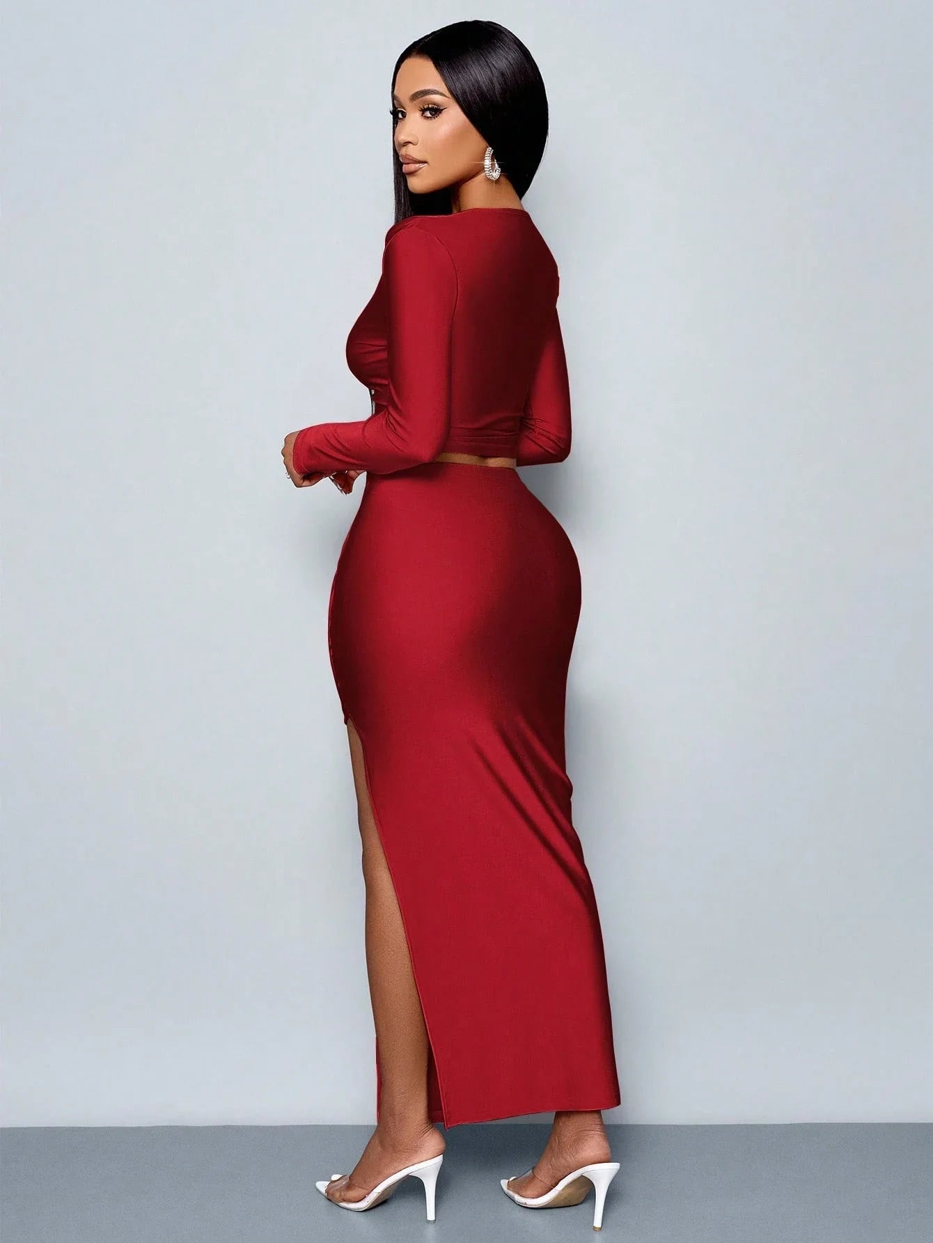 Women's Two Piece Set – Elegant Casual Long Sleeve Top and Pleated Skirt Outfit