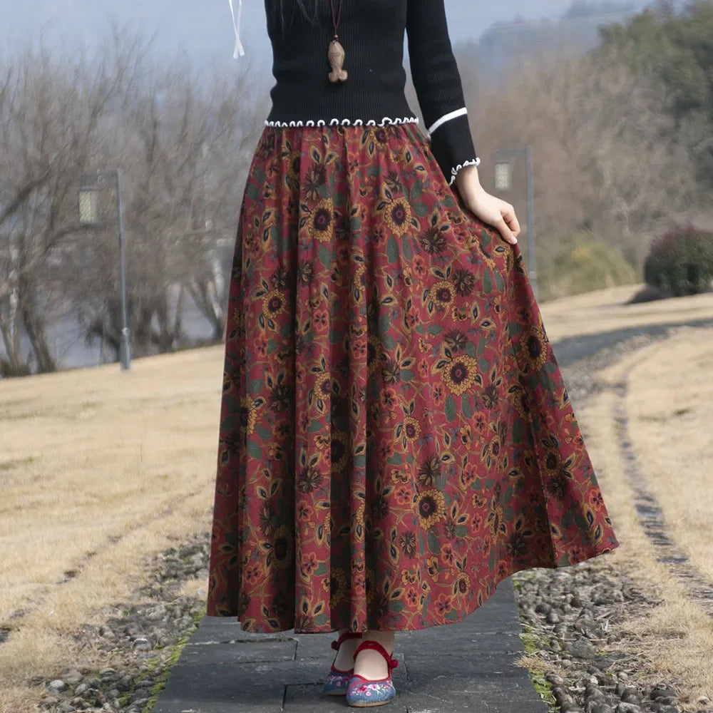 Bohemian Floral Print Cotton Linen Maxi Skirt | Wovetsa
