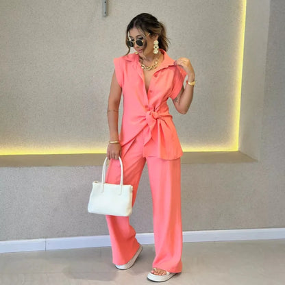 Sleeveless Shirt & Wide-Leg Pant Set | Wovetsa