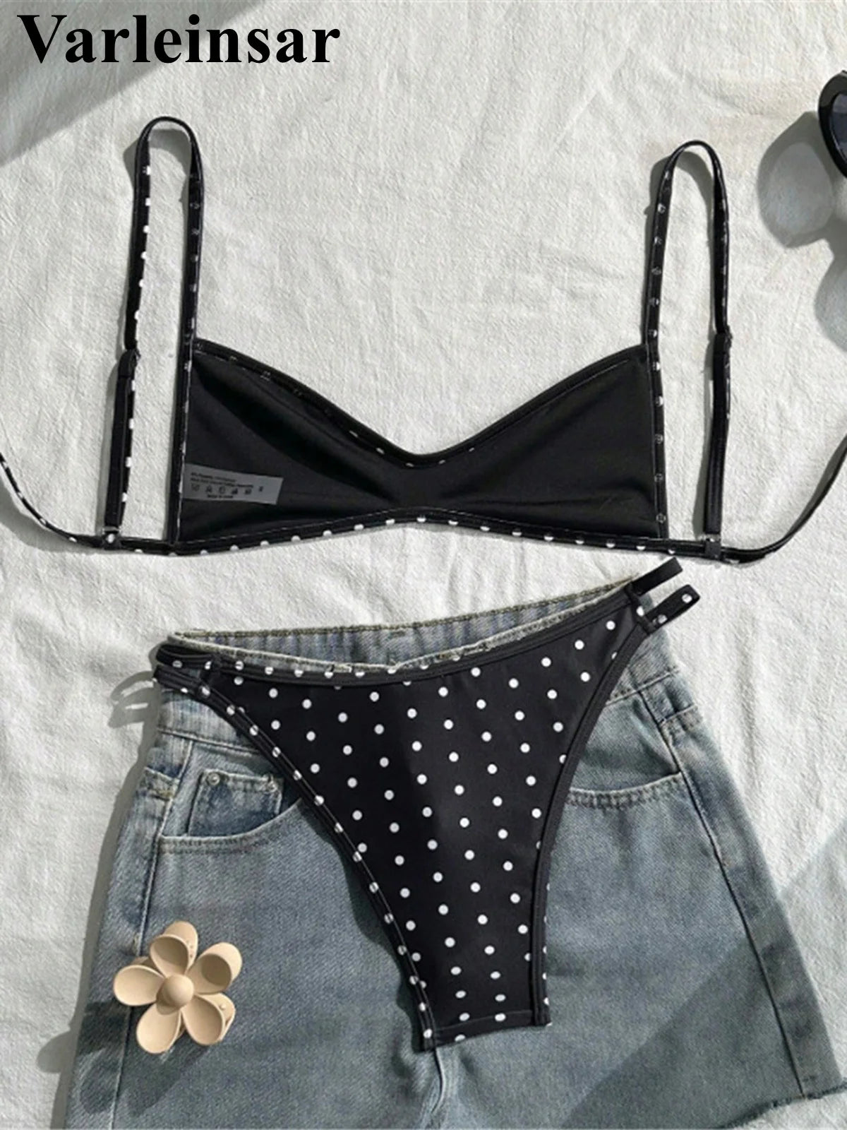 Polka Dot V-Neck High-Leg Bikini Set | Wovetsa
