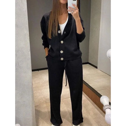 V-Neck Single-Breasted Cardigan & Pants Set | Wovetsa