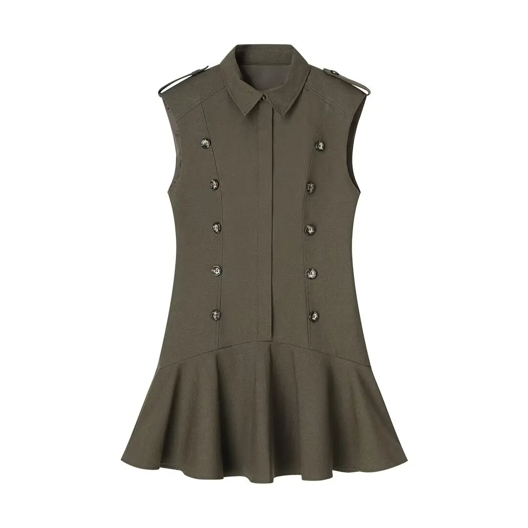 KONDALA Double-Breasted Slim Short Dress Women's Casual Lapel Sleeveless Dress 2026 Spring Summer Trendy Elegant Lady Mini Dress