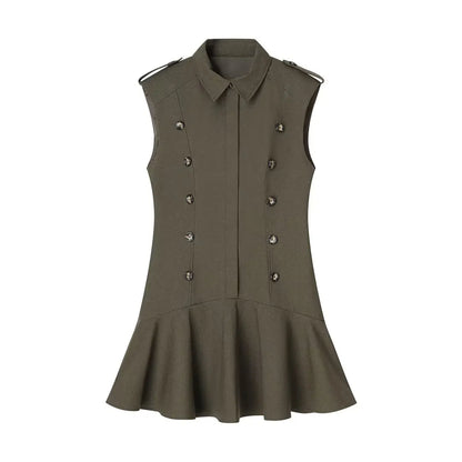 KONDALA Double-Breasted Slim Short Dress Women's Casual Lapel Sleeveless Dress 2026 Spring Summer Trendy Elegant Lady Mini Dress