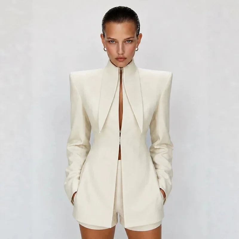 Long Sleeve Stand Collar Blazer & Shorts Two Piece Set | Wovetsa