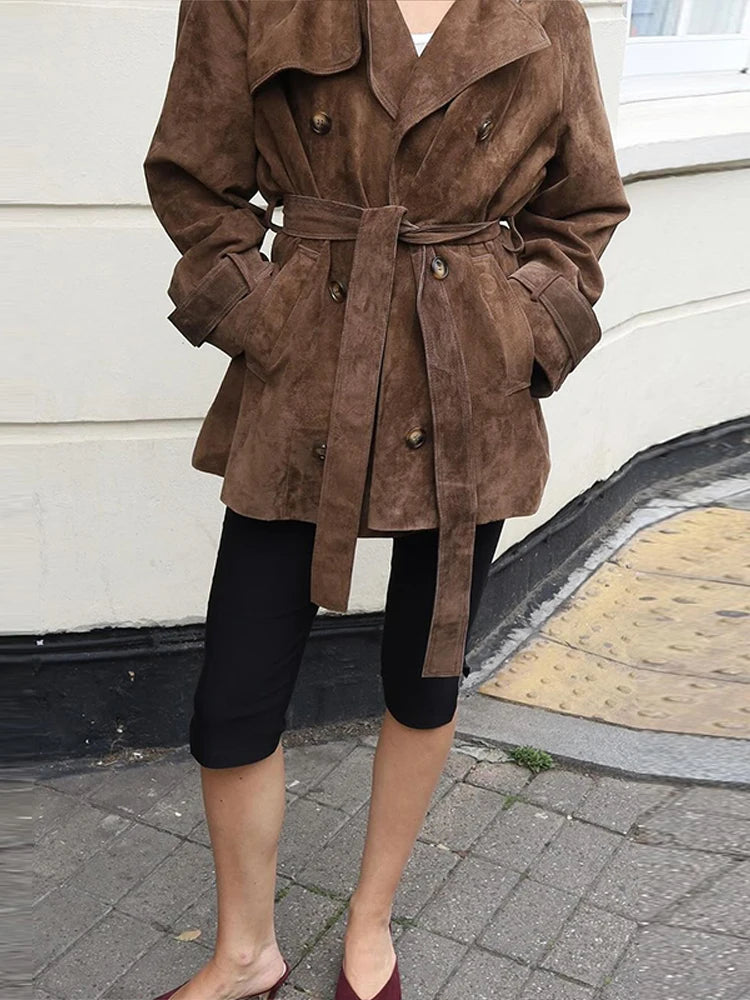Suede Belt Jackets Women Loose Lapel Double Breasted Long Sleeves Coats Female 2025 Autumn Winter Chic Vintage Street Outwears