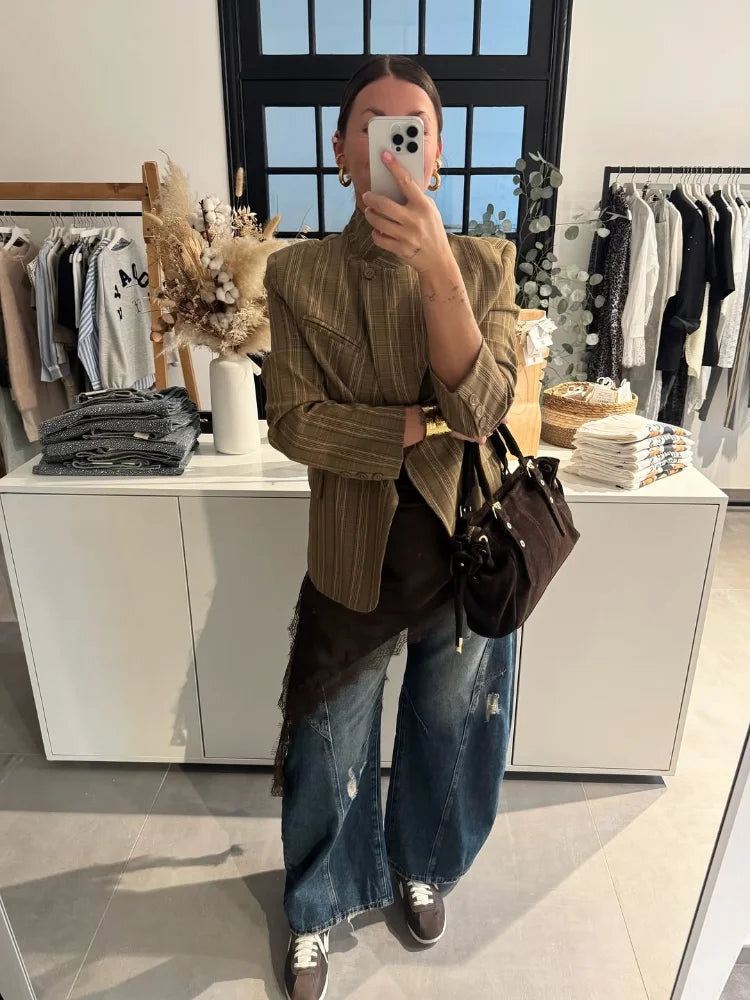 Striped Turtleneck Loose Blazer | Wovetsa