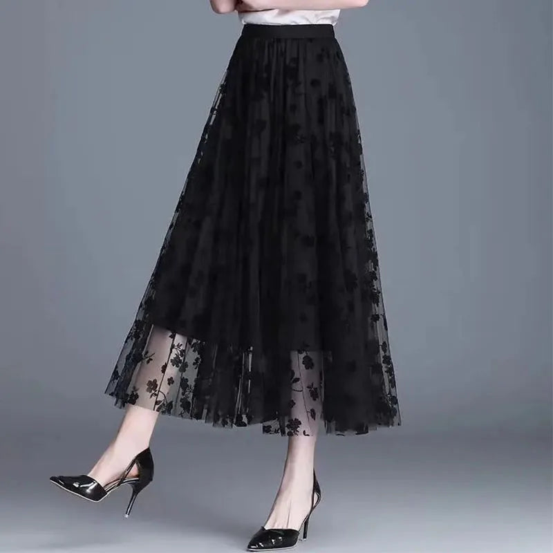 Floral Mesh High Waist A-Line Midi Dress | Wovetsa