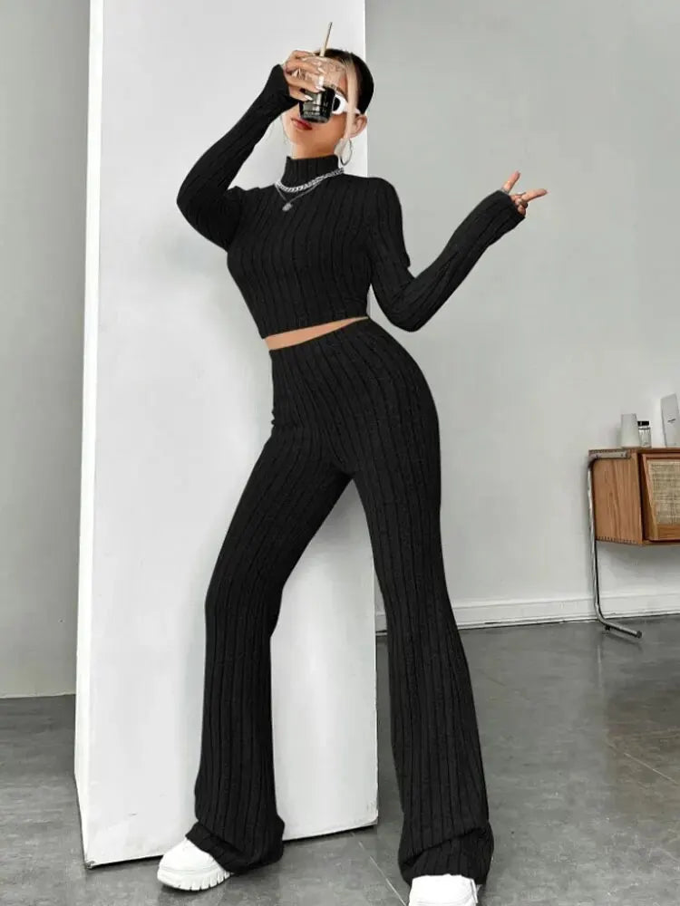 Stand Collar Crop Top & Trumpet Pants Set | Wovetsa