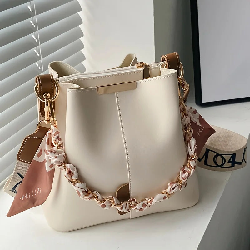 PU Leather Bucket Bag with Chain & Scarf Strap | Wovetsa