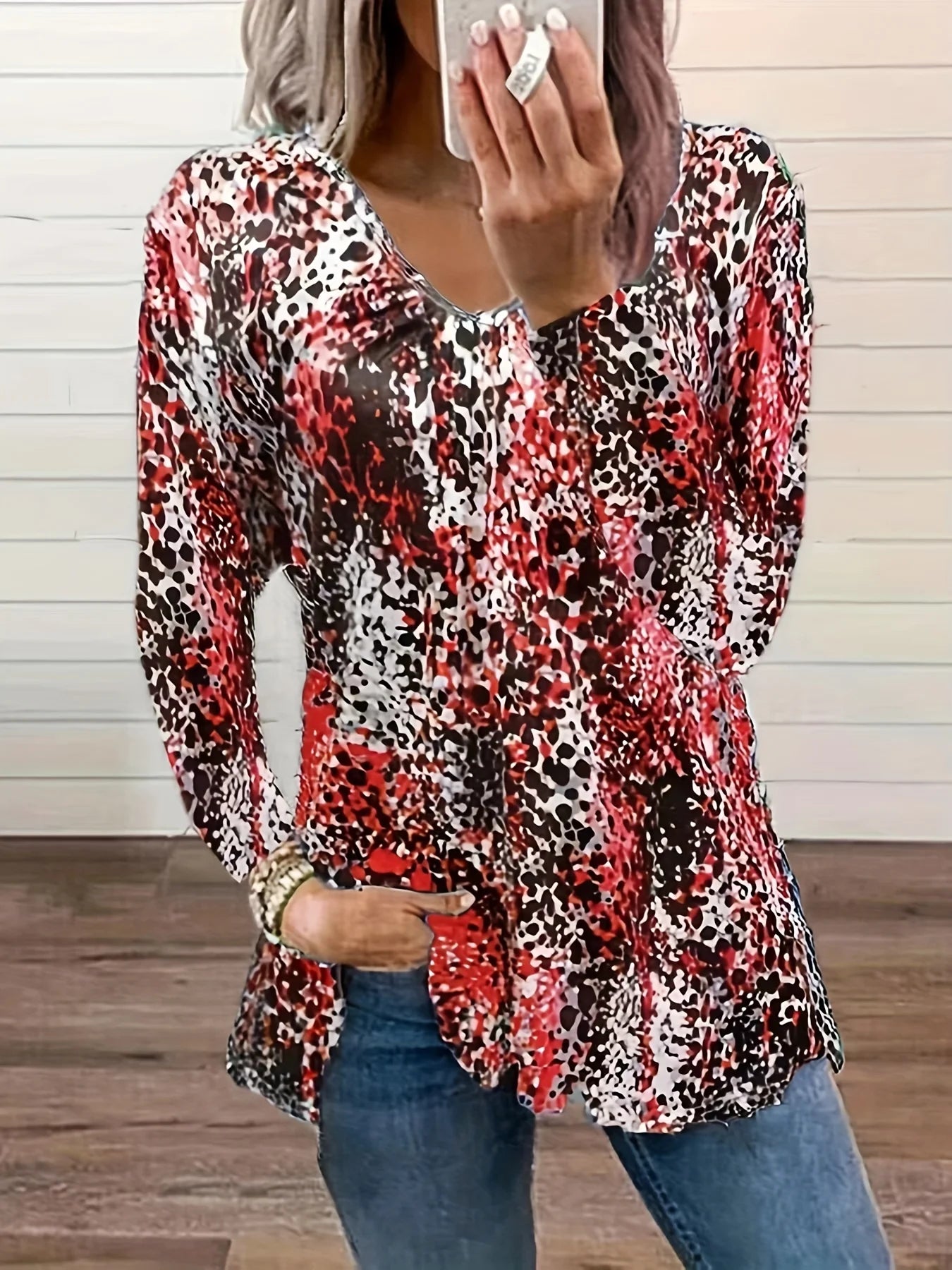 Plus Size Leopard Print V-Neck Long Sleeve Top | Wovetsa