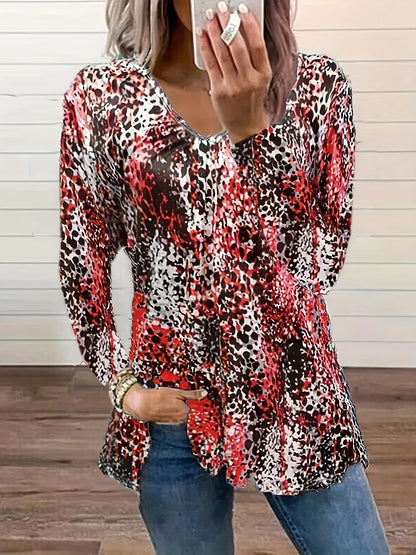 Plus Size Leopard Print V-Neck Long Sleeve Top | Wovetsa