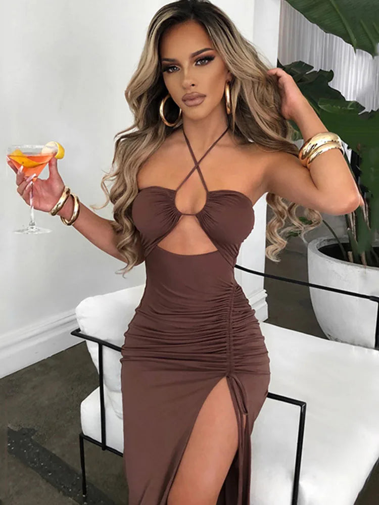Hollow Out V-Neck Bodycon Midi Dress | Wovetsa