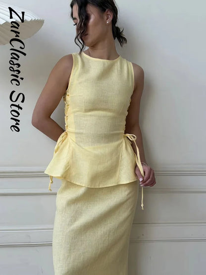 Linen Tank Top & Maxi Skirt Two Piece Set | Wovetsa