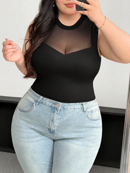 Plus Size Mesh Splicing Sleeveless Blouse | Wovetsa