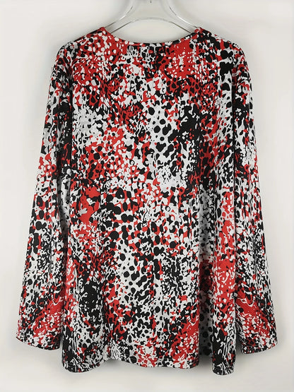 Plus Size Leopard Print V-Neck Long Sleeve Top | Wovetsa