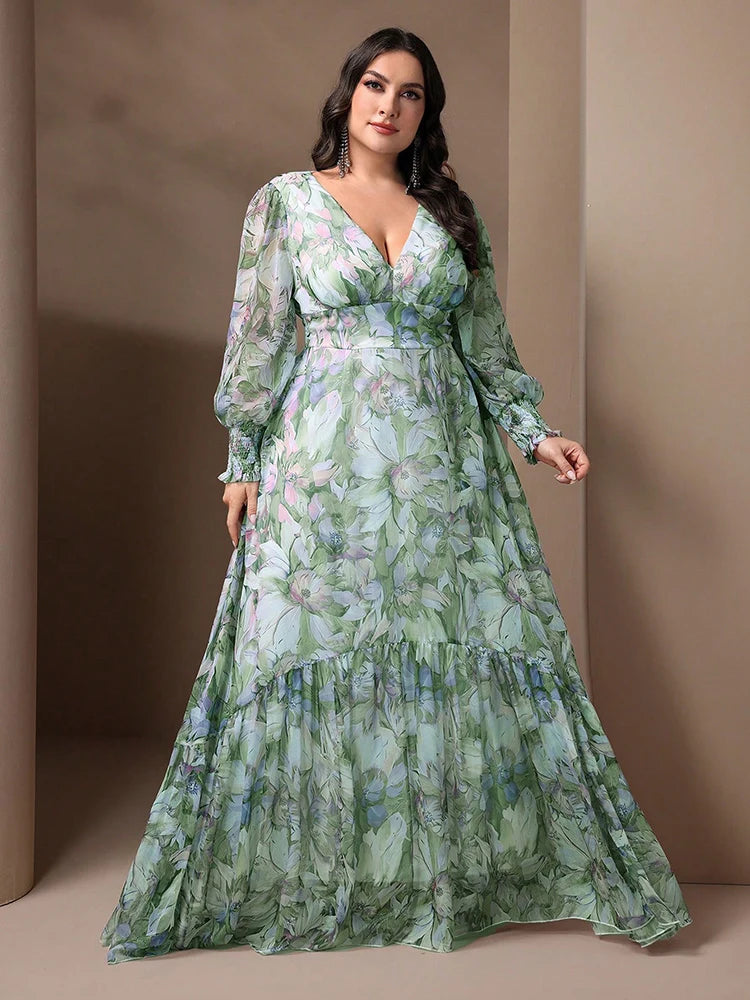 Plus Size Floral V-Neck Lantern Sleeve Maxi Dress | Wovetsa