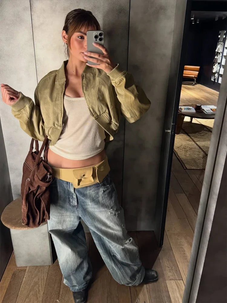 Khaki Lapel Zip Cropped Bomber Jacket | Wovetsa