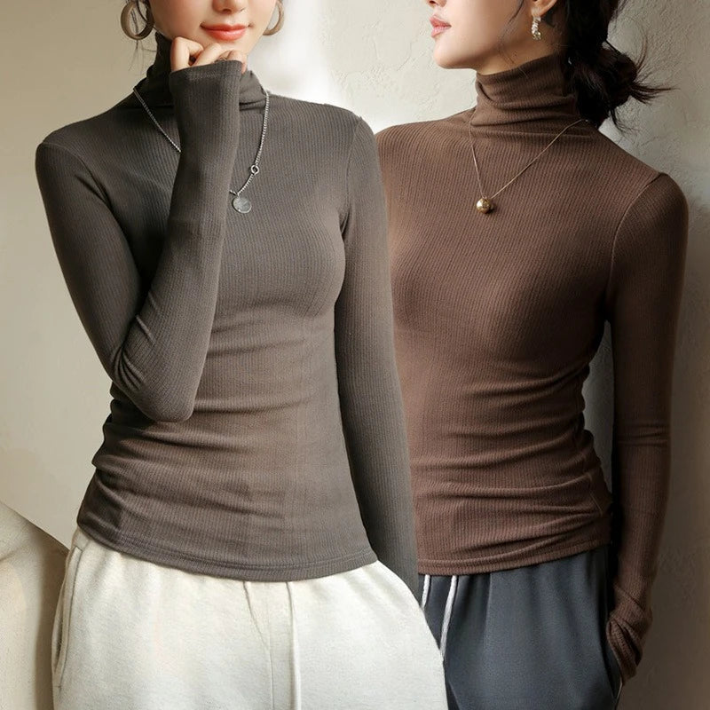 Women T-shirts Long Sleeve High Strecth Slim Fit Bottoming Shirts Casual Korean Turtleneck Warm Autumn Winter Inner Basic Tops
